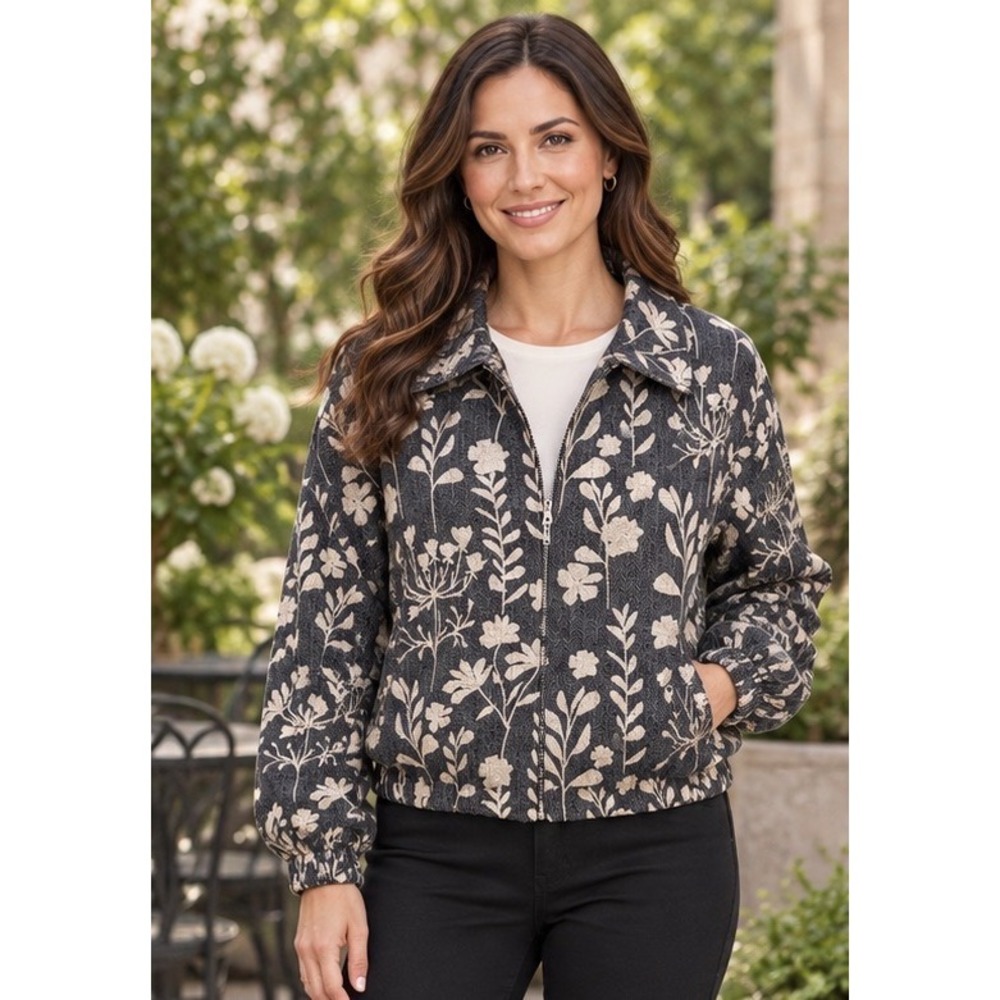 TCEC Floral Herringbone Bomber Textured Jacket Grey Cream Zip Up Collared Large